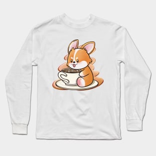 Corgi is drinking coffee Long Sleeve T-Shirt